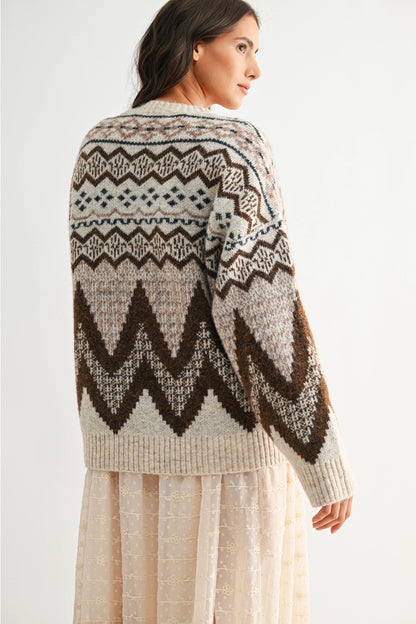Sherry Nordic Knit Sweater- Cream/Brown