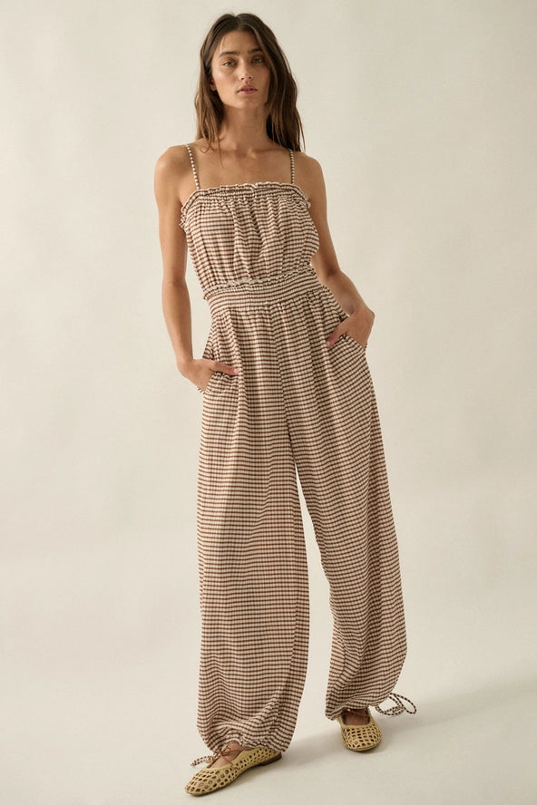 Driftwood Gingham Jumpsuit- Brown