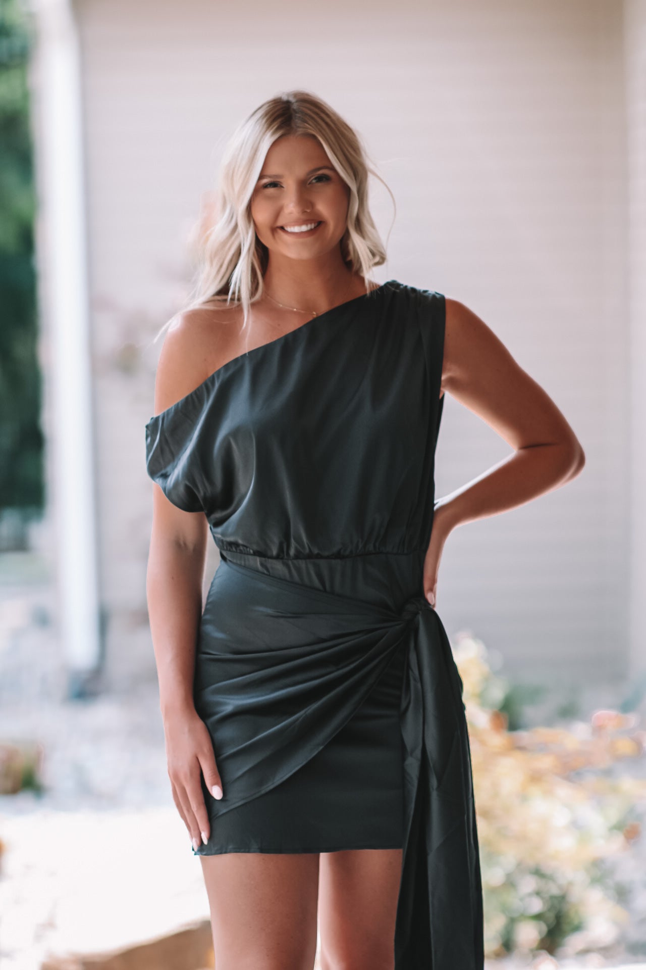 One Shoulder Satin Dress - Black